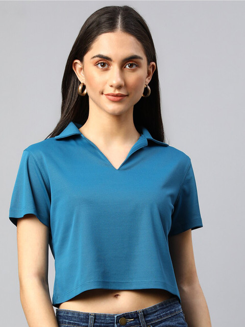 Xpose Women Blue Solid Spread Shirt Collar Crop Top
Xpose Women Blue Solid Spread Shirt Collar Crop Top