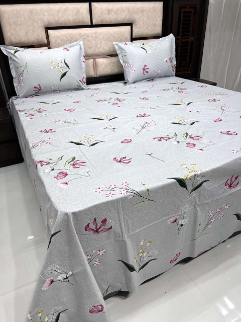 Pure Decor Grey & Green Floral King Bedsheet with 2 Pillow Covers