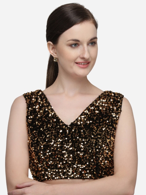 Amrutam Fab Women Gold-Colored Embellished Velvet Readymade Saree Blouse