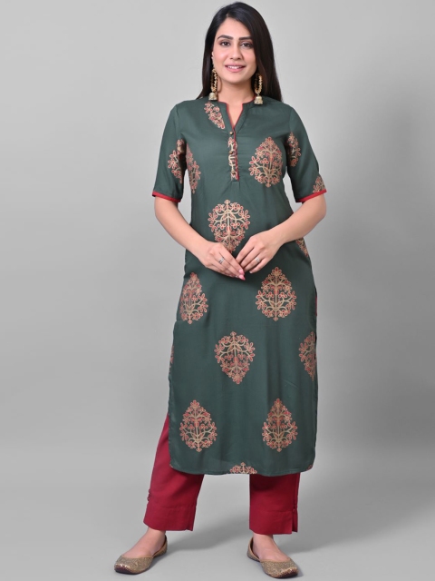 PRAKRTEE Women Green Floral Printed Kurta