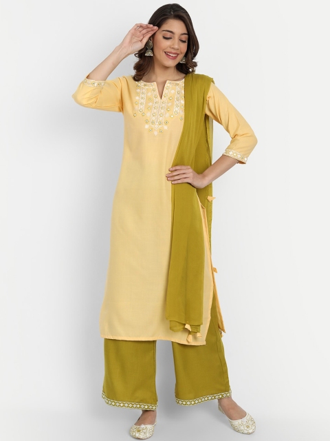 GUNVANTI FAB Women Yellow Floral Embroidered Kurta with Palazzos & With Dupatta