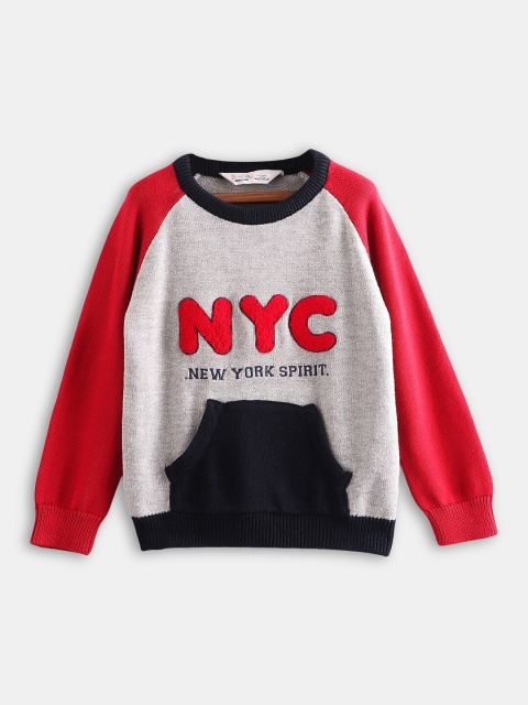 Hopscotch Boys Grey & Red Typography Pullover Sweaters