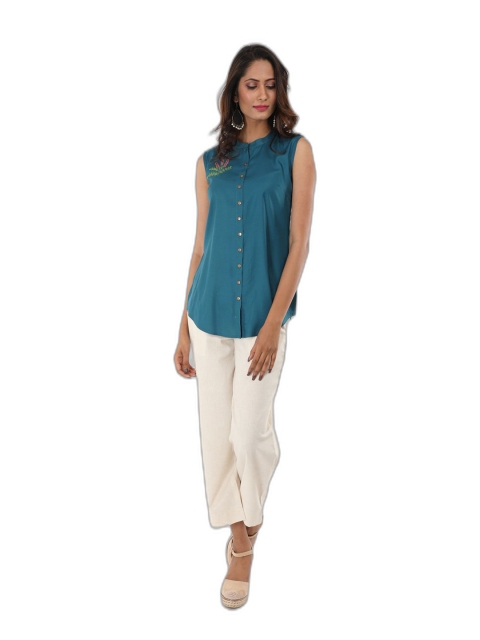 SUTI Blue Solid Mandarin Collar Longline Top