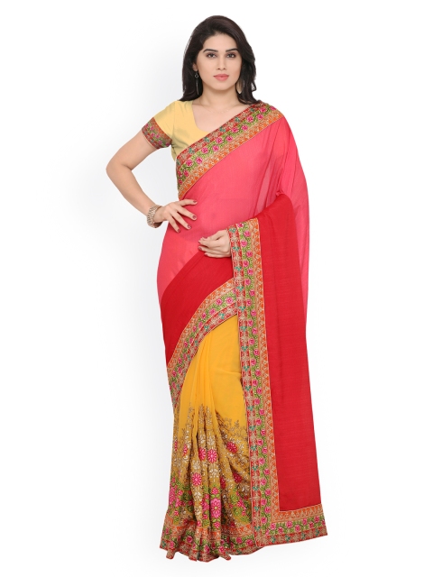 Sareegama Pink & Yellow Poly Georgette Embroidered Saree