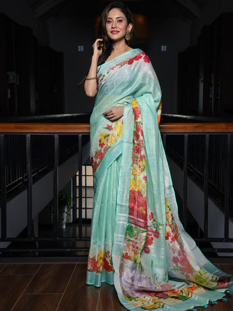 BEATITUDE Sea Green & Yellow Floral Printed Pure Linen Saree 
BEATITUDE Sea Green & Yellow Floral Printed Pure Linen Saree