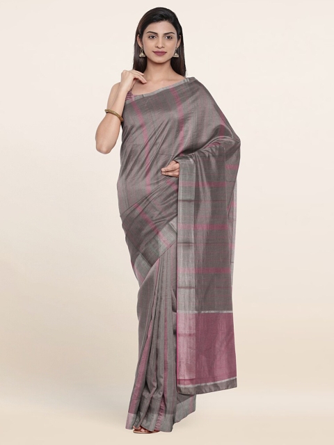 Pothys Grey & Peach-Coloured Striped Zari Pure Cotton Saree