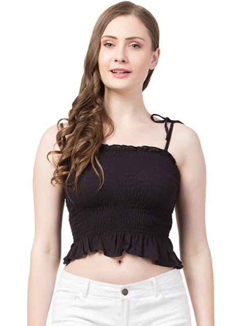 Gaurgeous Women Black Solid Smocked Crop Top