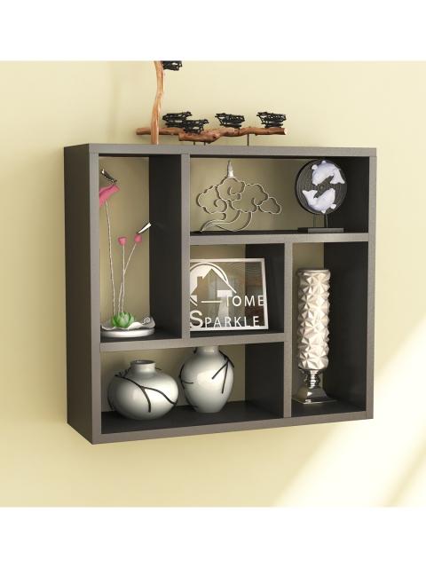 Home Sparkle Black Wall Mounted Kitchen Shelve Five Section Wood
