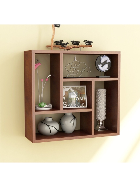 Home Sparkle Brown Wood Square Wall Shelves Kitchen Shelve with Five Section