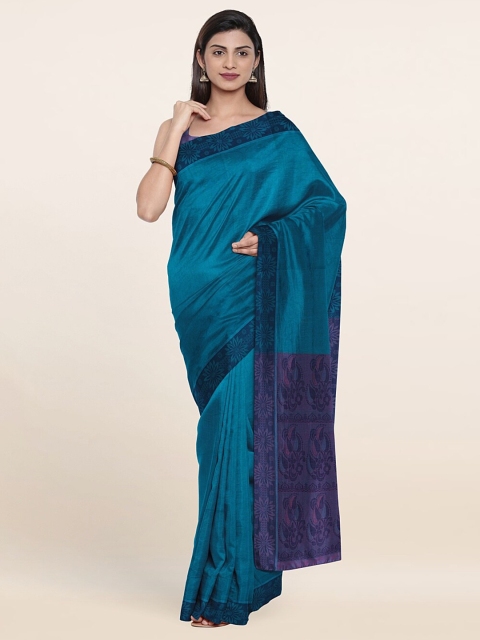 Pothys Blue And Purple Solid Printed Border Pure Cotton Saree