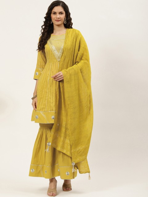 INDYES Women Mustard Yellow Embroidered Angrakha Sequinned Chanderi Cotton Kurti with Sharara & With Dupatta
INDYES Women Mustard Yellow Embroidered Angrakha Sequinned Chanderi Cotton Kurti with Sharara & With Dupatta