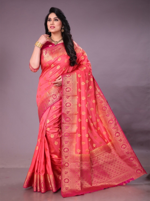 MS RETAIL Coral & Gold-Toned Ethnic Motifs Zari Silk Blend Kanjeevaram Saree