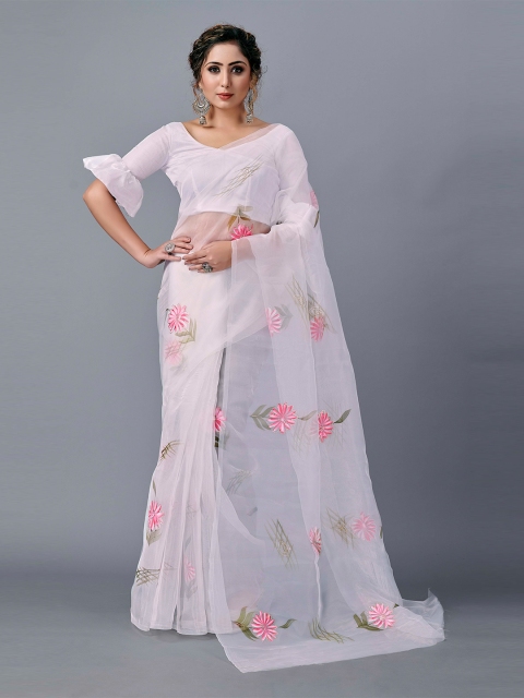 Fashion FRICKS White & Pink Floral Organza Saree