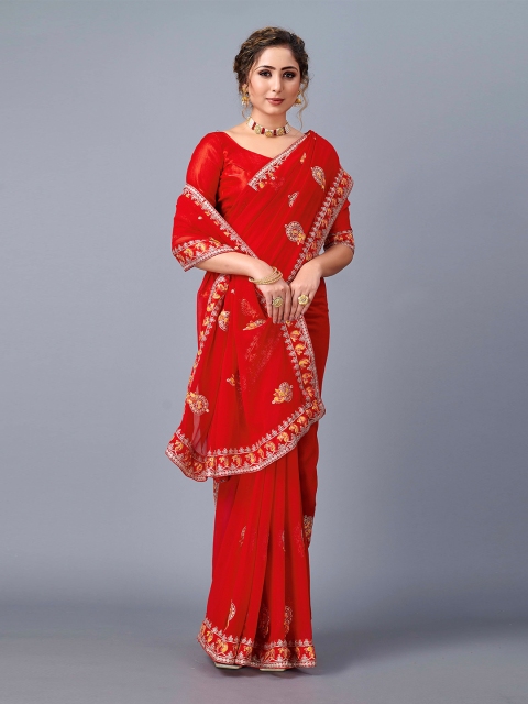 Fashion FRICKS Red & Orange Floral Embroidered Pure Georgette Saree