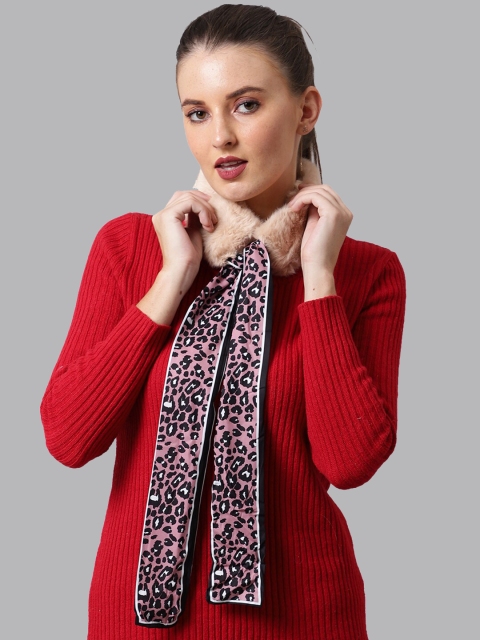 ELLIS Women Cream Colored and Peach Printed Thick Warm Faux Fur Wrap Collar Mufflers