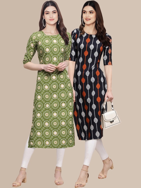 KALINI Women Pack Of 2 Olive Green & Black Ethnic Motifs Printed Block Print Crepe Kurtas
KALINI Women Pack Of 2 Olive Green & Black Ethnic Motifs Printed Block Print Crepe Kurtas