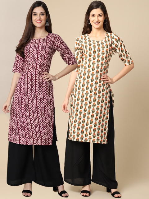 KALINI Women Pack of 2 Beige & Maroon Floral Block Print Handloom Crepe Kurta