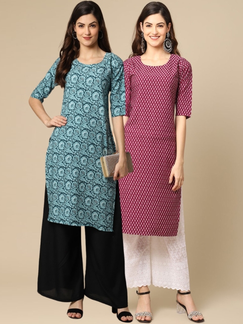 KALINI Women Pack of 2 Blue & Maroon Ethnic Motifs Printed Crepe Kurta