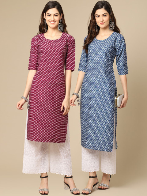 KALINI Women Pack of 2 Ethnic Motifs Printed Crepe Kurta, Maroon 
KALINI Women Pack of 2 Ethnic Motifs Printed Crepe Kurta, Maroon