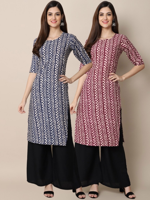 KALINI Women Pack Of 2 Maroon & Blue Geometric Printed Crepe Kurta