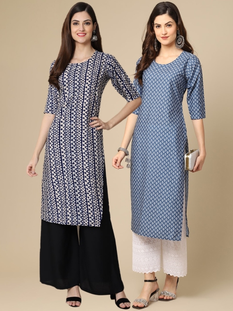 KALINI Women Pack Of 2 Blue & White Geometric Printed Block Print Crepe Kurtas
KALINI Women Pack Of 2 Blue & White Geometric Printed Block Print Crepe Kurtas