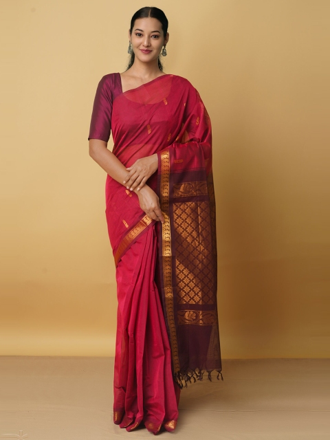 Unnati Silks Pink & Gold-Toned Woven Design Zari Pure Cotton Venkatgiri Saree
Unnati Silks Pink & Gold-Toned Woven Design Zari Pure Cotton Venkatgiri Saree
