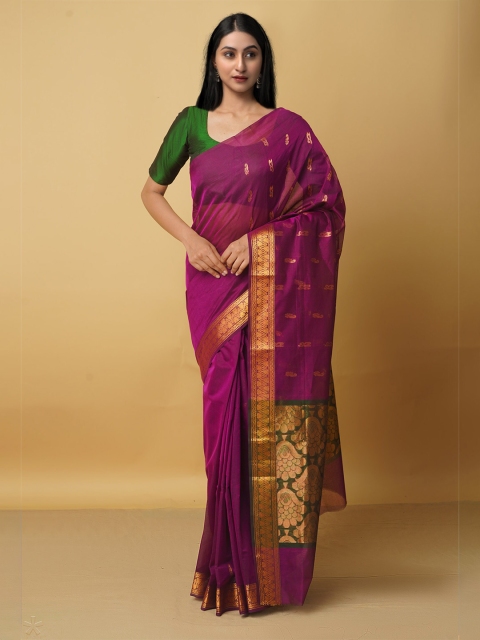 Unnati Silks Purple & Gold-Toned Woven Design Zari Pure Cotton Handloom Gadwal Saree
Unnati Silks Purple & Gold-Toned Woven Design Zari Pure Cotton Handloom Gadwal Saree