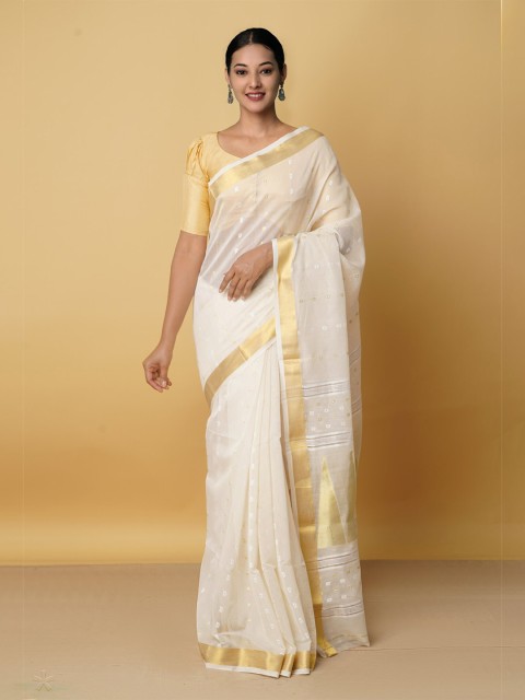 Unnati Silks Cream-Coloured & Gold-Toned Woven Design Zari Silk Cotton Maheshwari Saree
Unnati Silks Cream-Coloured & Gold-Toned Woven Design Zari Silk Cotton Maheshwari Saree