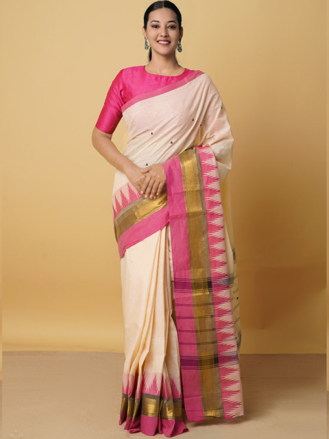 Unnati Silks Cream-Coloured & Pink Woven Design Zari Pure Cotton Kanjeevaram Saree
Unnati Silks Cream-Coloured & Pink Woven Design Zari Pure Cotton Kanjeevaram Saree