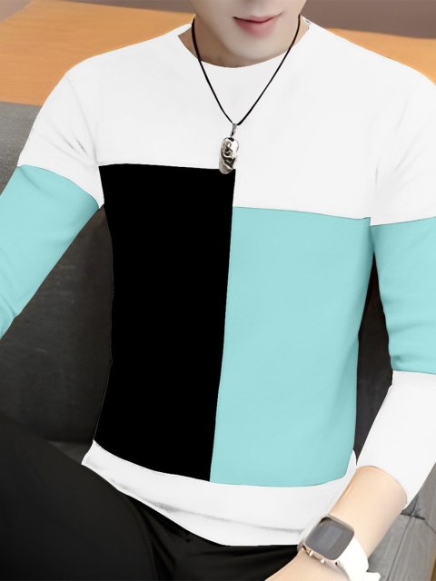 GESPO Men White Colourblocked V-Neck T-shirt with Mask