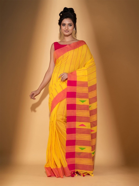 BEATITUDE Yellow & Orange Striped Pure Cotton Saree