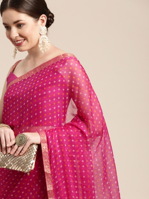 Saree mall Pink & White Bandhani Sarees