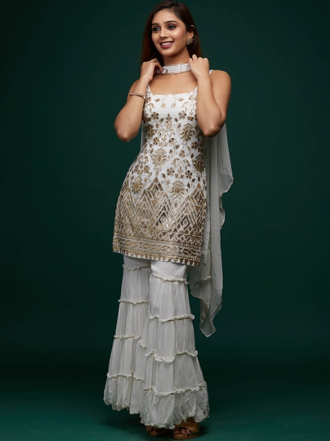 Koskii Women Floral Embroidered Silk Georgette Kurti with Sharara & With Dupatta, Off white
Koskii Women Floral Embroidered Silk Georgette Kurti with Sharara & With Dupatta, Off white