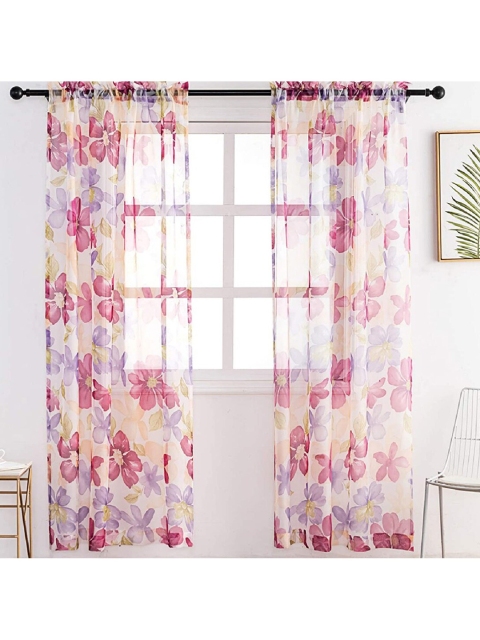 URBAN SPACE Pink & Purple Set of 2 Floral Sheer Door Curtain