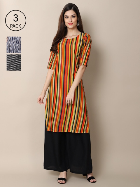 Ethnic Basket Pack of 3 Stylish Women's Crepe Printed Straight Kurta, Multi