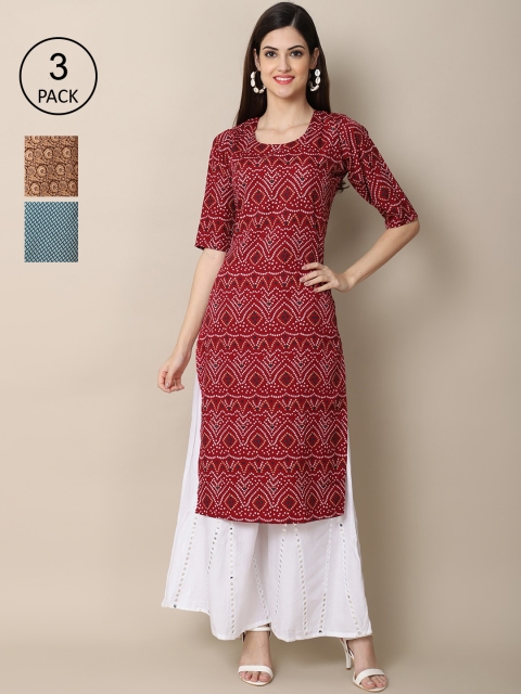 Ethnic basket Pack of 3 Women Ethnic Motifs Printed Crepe Kurta, Maroon