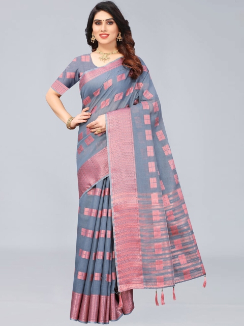 MARUTI ART Grey And Peach Woven Design Saree