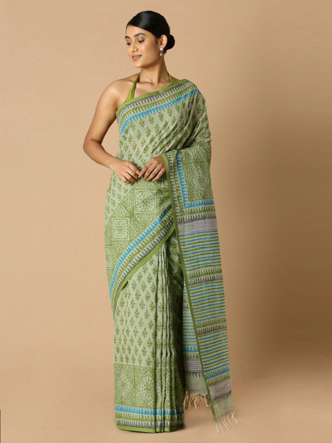 Taneira Green & Blue Floral Pure Cotton Block Print Saree 
Taneira Green & Blue Floral Pure Cotton Block Print Saree
