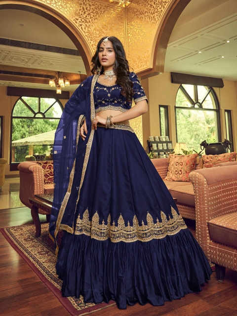 ODETTE Navy Blue & Gold-Toned Embellished Semi-Stitched Lehenga & Unstitched Blouse With Dupatta
ODETTE Navy Blue & Gold-Toned Embellished Semi-Stitched Lehenga & Unstitched Blouse With Dupatta