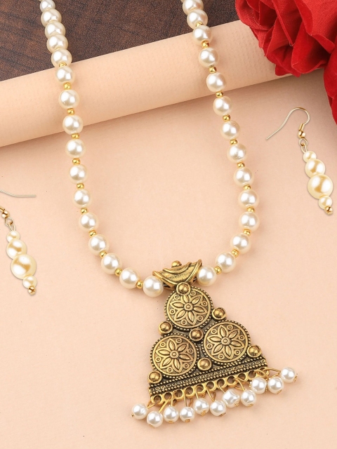 Silver Shine Gold-Plated White Beaded Handcrafted Jewellery Set
