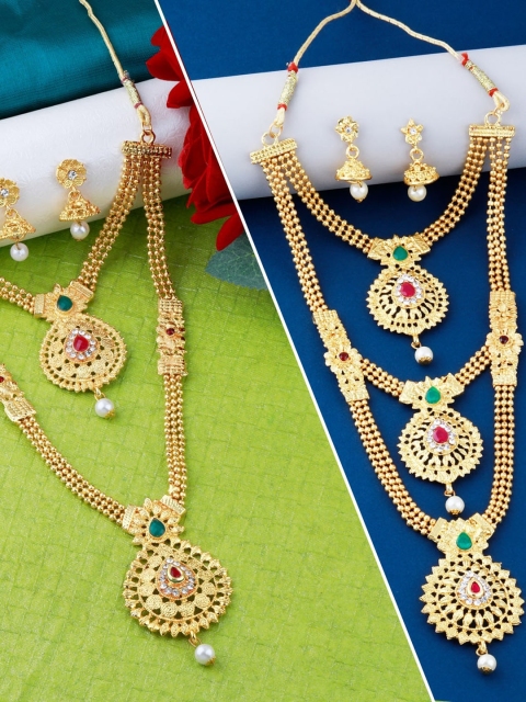 Silver Shine Set Of 2 Gold-Plated Red & Green Stone-Studded Jewellery Set