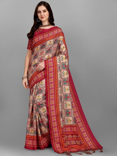 Ethnic Yard Red Printed Woven Design Art Silk Saree