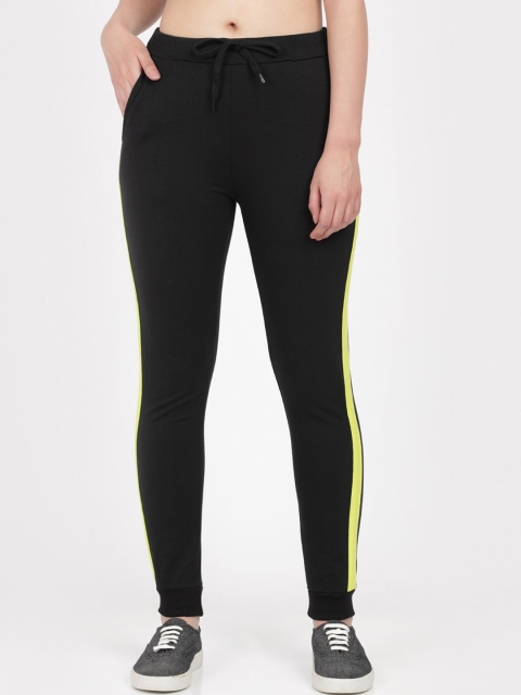 HERE&NOW Women Black & Yellow Striped Pure Cotton Track Pants