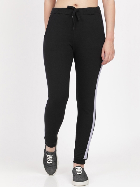 HERE&NOW Women Black Striped Pure Cotton Regular Fit Track Pants