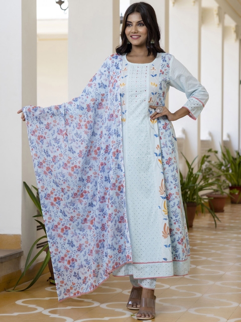PREKSHA Women Floral Striped Panelled Pure Cotton Kurta with Trousers & With Dupatta, Blue
PREKSHA Women Floral Striped Panelled Pure Cotton Kurta with Trousers & With Dupatta, Blue