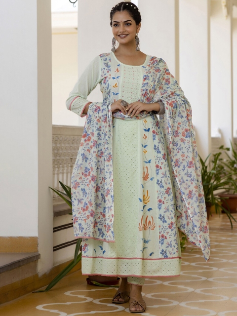 PREKSHA Women Floral Print Panelled Mirror Work Pure Cotton Kurta With Trouser And Dupatta, Green
PREKSHA Women Floral Print Panelled Mirror Work Pure Cotton Kurta With Trouser And Dupatta, Green