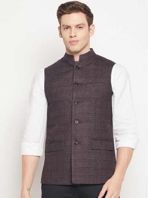 Spirit Men Burgundy Checked Woven Pure Wool Nehru Jacket