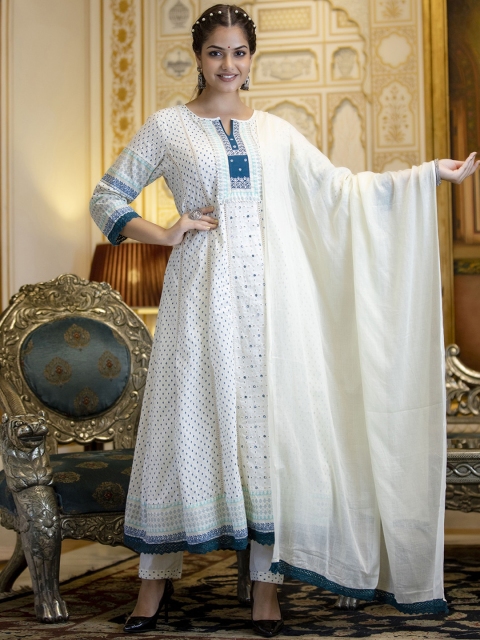 PREKSHA Women Printed Panelled Mirror Work Pure Cotton Kurta with Trouser & Dupatta, White
PREKSHA Women Printed Panelled Mirror Work Pure Cotton Kurta with Trouser & Dupatta, White
