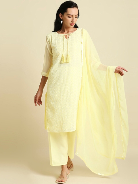 Aanyor Women Floral Embroidered Kurta with Palazzos & With Dupatta, Yellow