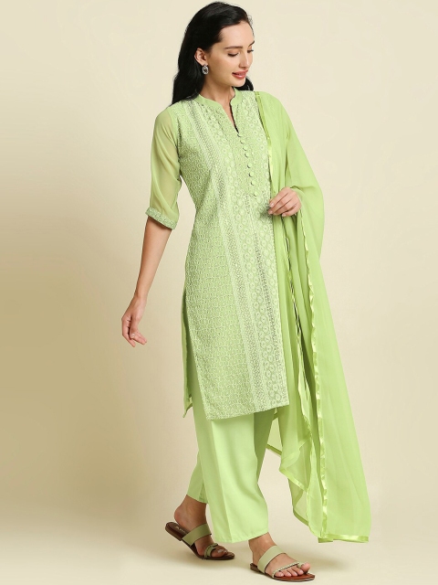 Aanyor Women Floral Embroidered Chikankari Kurta with Palazzo & With Dupatta, Green